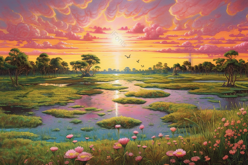 唯美森林河流湖泊日落多彩橙色日落油画风格插画,插画/手绘图,插画/手绘图库,插画/手绘图下载,插画/手绘
